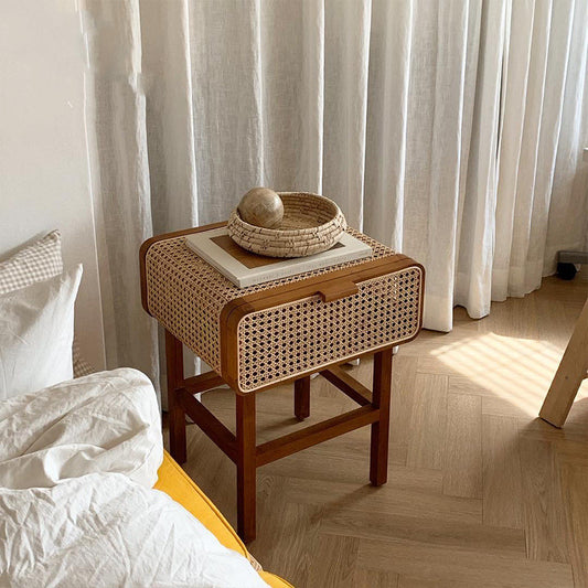 Retro Rattan Bedside Table - Nightstand