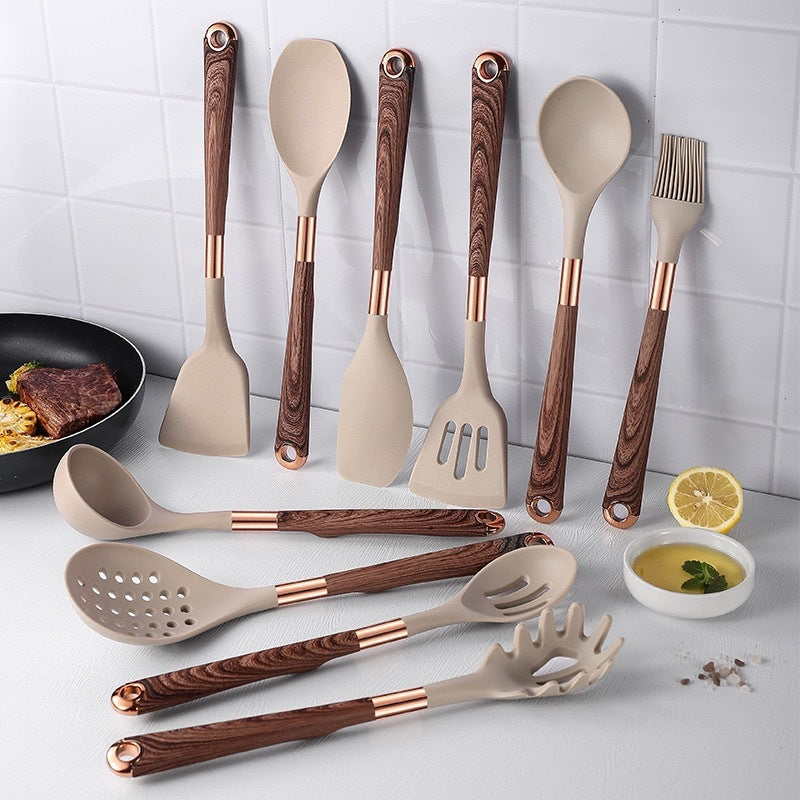 Silicone Kitchen Utensil Set - Wood Grain Handles