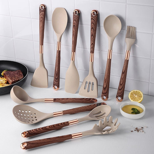 Silicone Kitchen Utensil Set - Wood Grain Handles