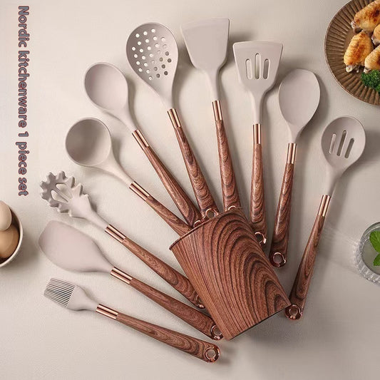 Silicone Kitchen Utensil Set - Wood Grain Handles